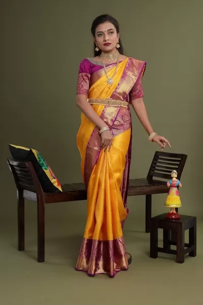 Yellow And Pink Kanjeevaram Pattu Saree